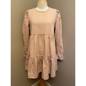 IDEM DITTO Cotton Puff Long Sleeve Mini Shirt Tiered Dress Pink Sz Large
